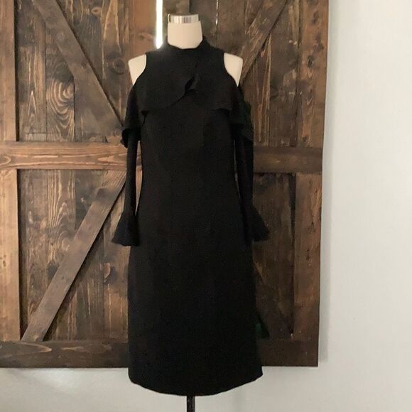 teri jon Black Cold Shoulder Bell Ruffle Sleeve Dress - Picture 1 of 7